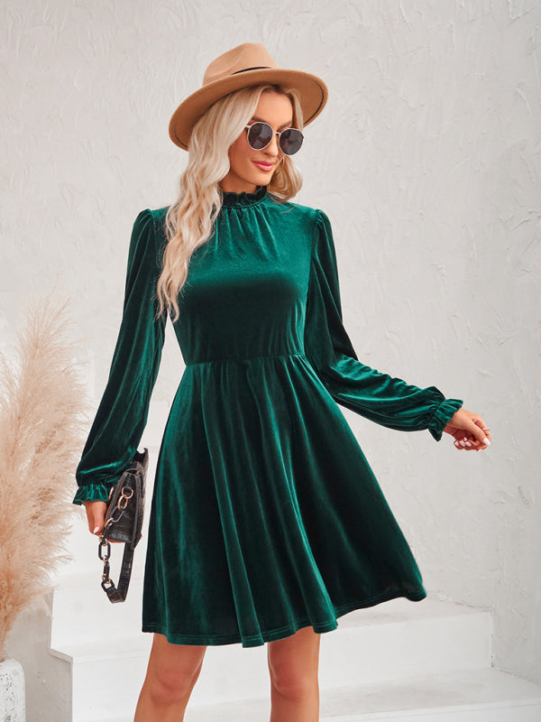 Turtleneck velvet solid color waist dress - Closther