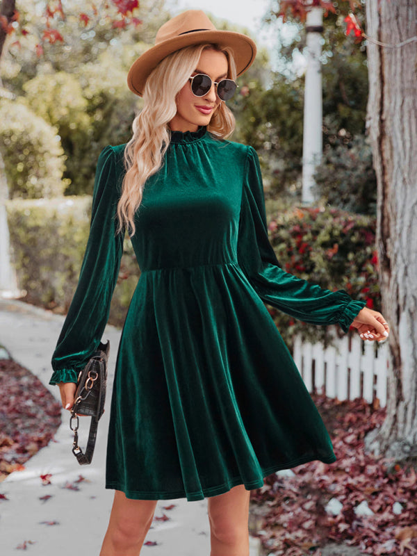 Turtleneck velvet solid color waist dress - Closther