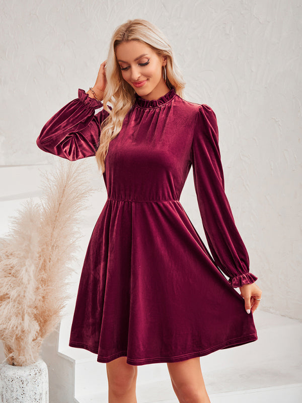 Turtleneck velvet solid color waist dress - Closther