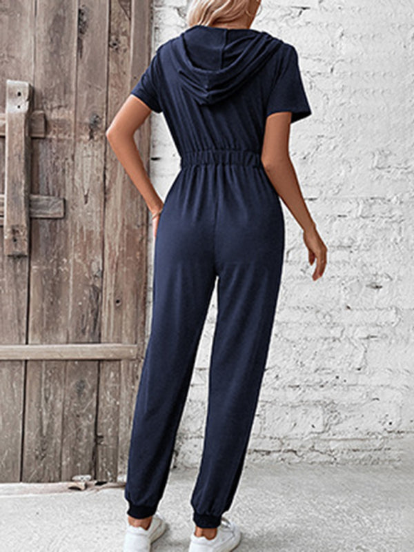 Hooded Zip Loose Casual Cargo Jumpsuit - Closther