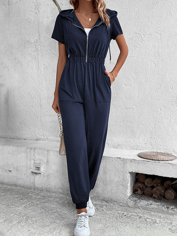 Hooded Zip Loose Casual Cargo Jumpsuit - Closther