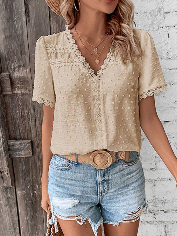 V-neck neckline lace panel elegant blouse – side view