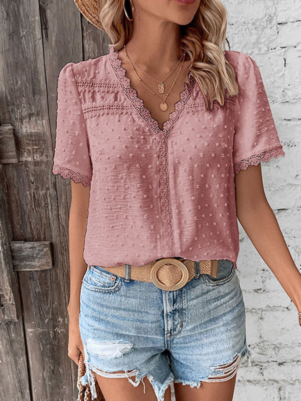 V-neck neckline lace panel elegant blouse – detail view