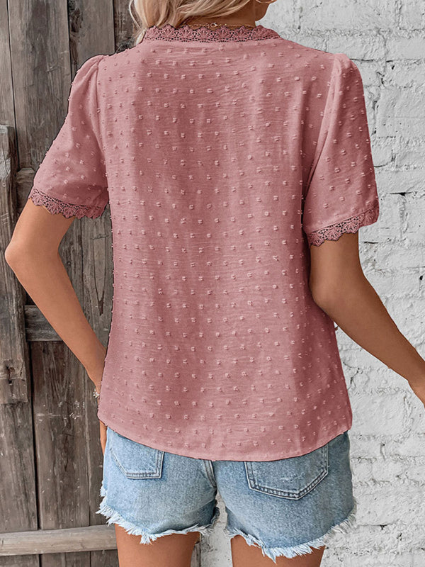 V-neck neckline lace panel elegant blouse – lifestyle view