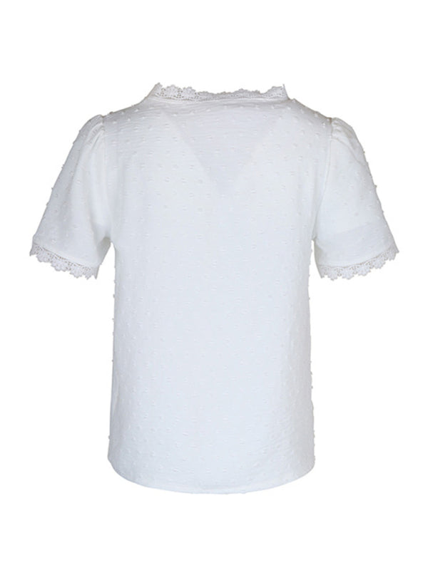 V-neck neckline lace panel elegant blouse – closeup view
