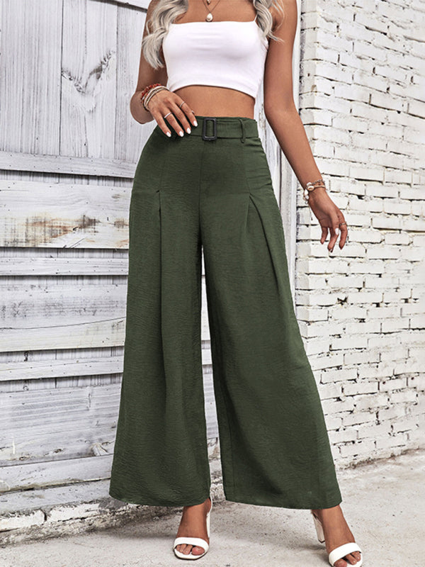 women's summer high waist wide leg casual pants with belt - Closther