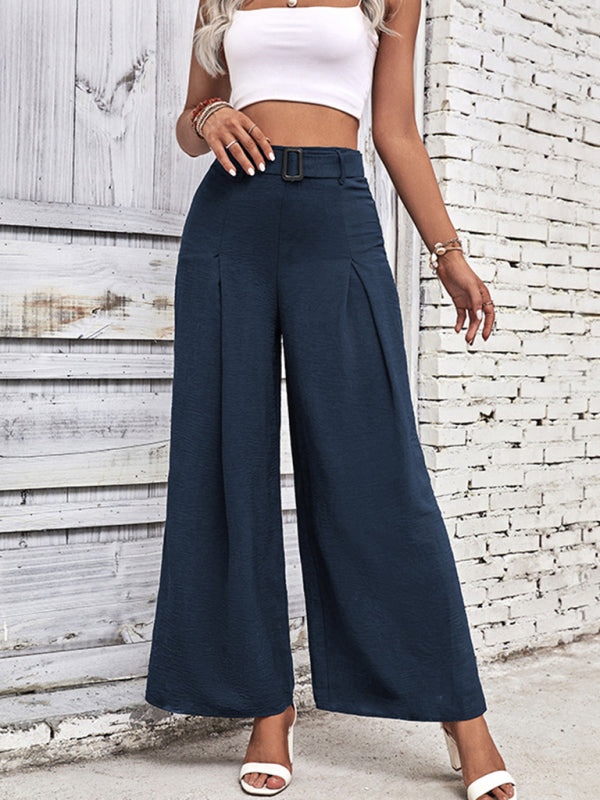 women's summer high waist wide leg casual pants with belt - Closther