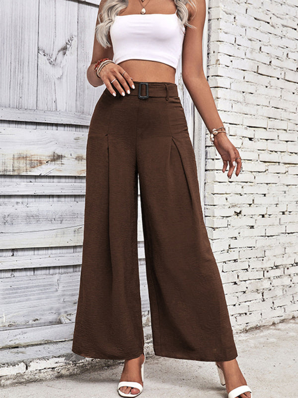 women's summer high waist wide leg casual pants with belt - Closther