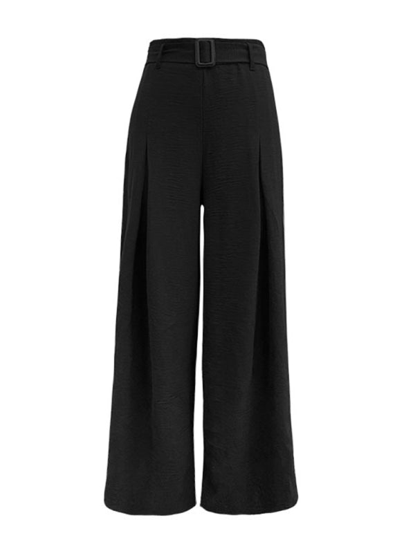 women's summer high waist wide leg casual pants with belt - Closther