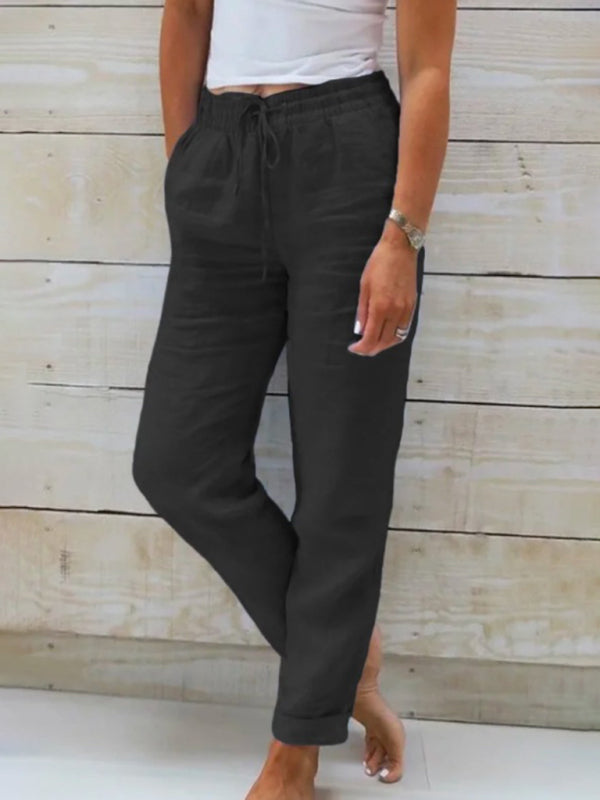 Women's Elastic Waist Solid Color Wide Leg Pants Loose Trousers - Closther