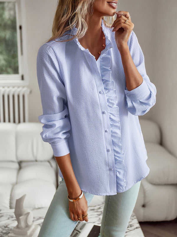 Elegant commuter open button ruffle top - Closther