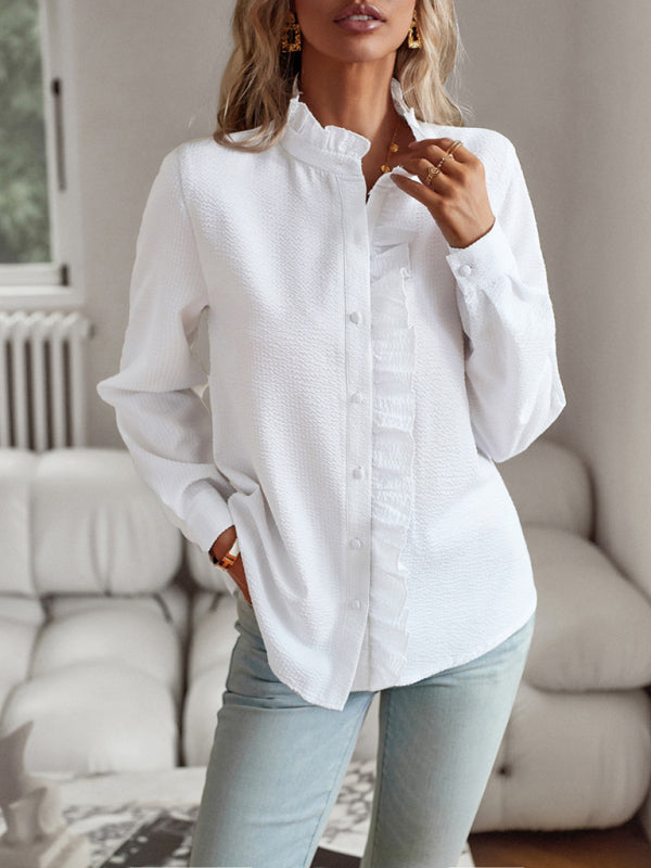 Elegant commuter open button ruffle top - Closther