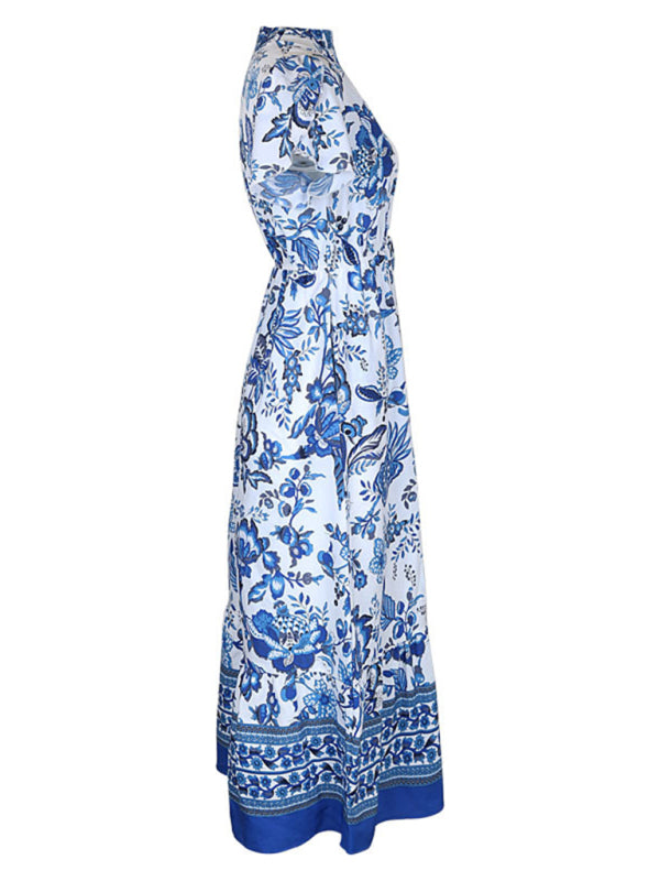 New Fashion Blue Printed Slim Dress - Closther