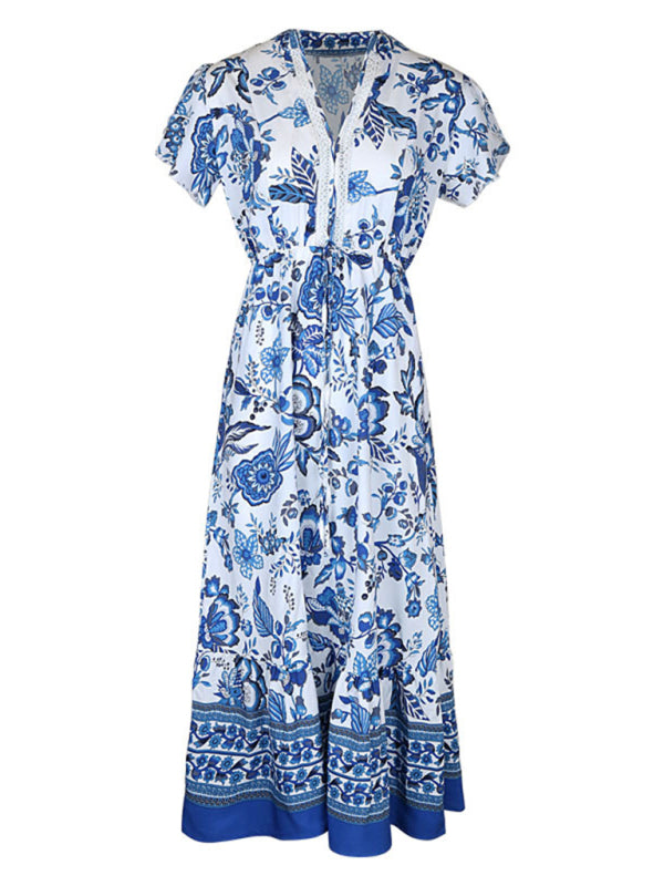 New Fashion Blue Printed Slim Dress - Closther