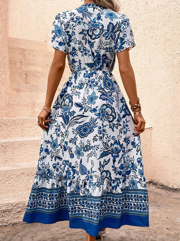 New Fashion Blue Printed Slim Dress - Closther