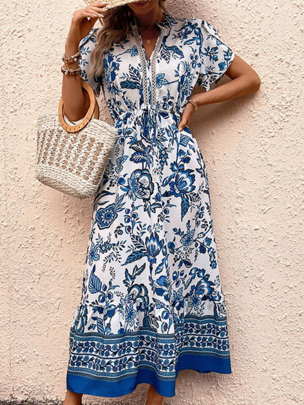 New Fashion Blue Printed Slim Dress - Closther