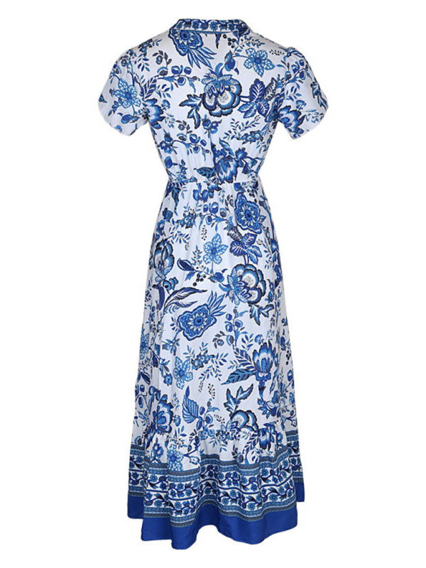 New Fashion Blue Printed Slim Dress - Closther