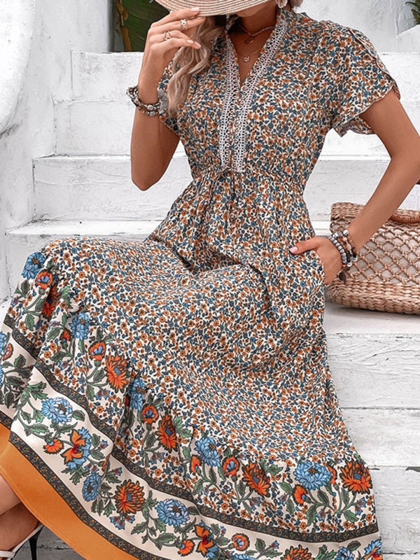 New fashion ethnic style V-neck floral dress - Closther