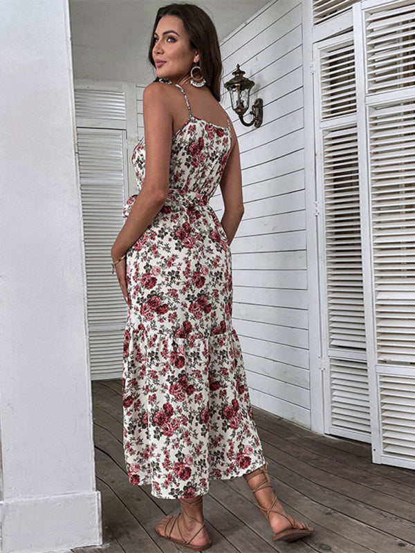 Neues modisches, mittellanges Trägerkleid mit Blumenmuster für Damen 