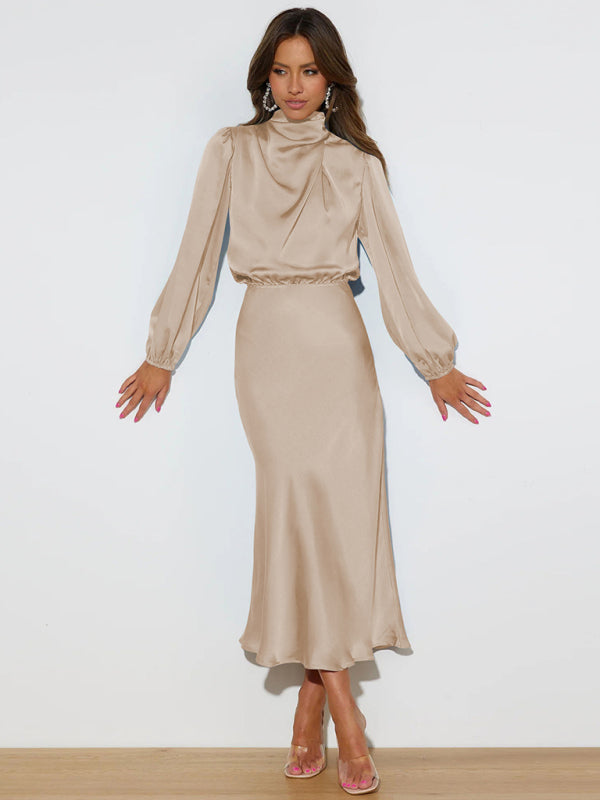 Elegant elegant women's satin long sleeve loose dress - Closther