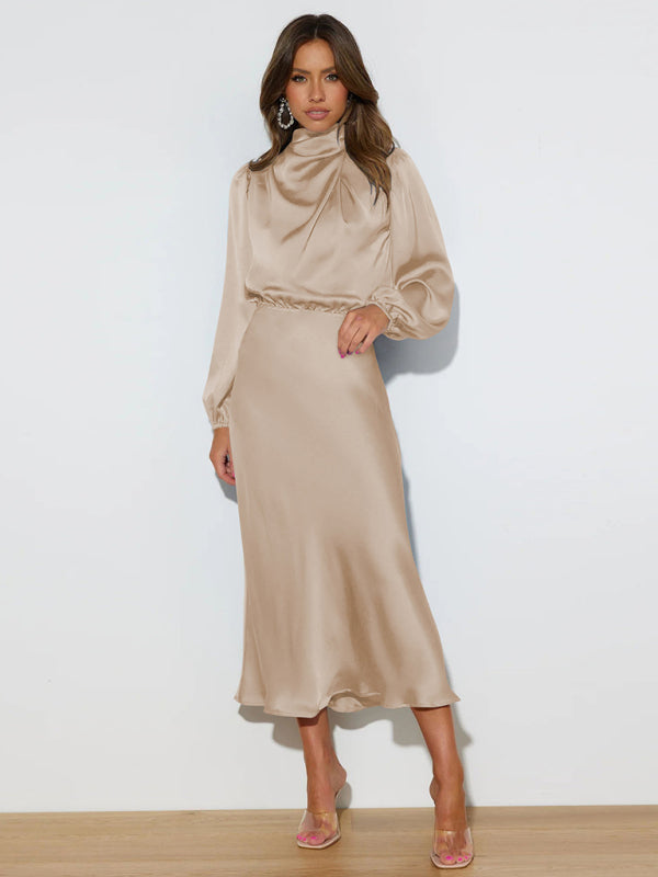 Elegant elegant women's satin long sleeve loose dress - Closther