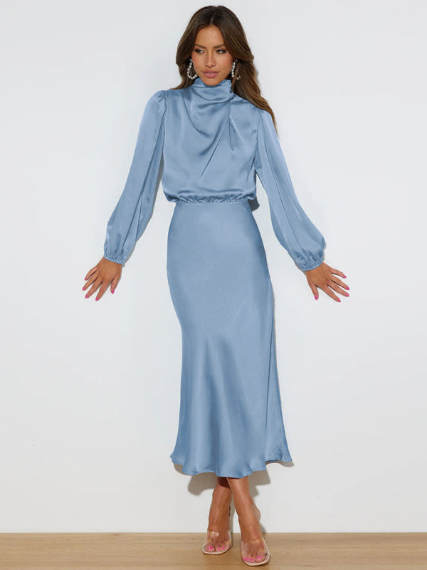 Elegant elegant women's satin long sleeve loose dress - Closther