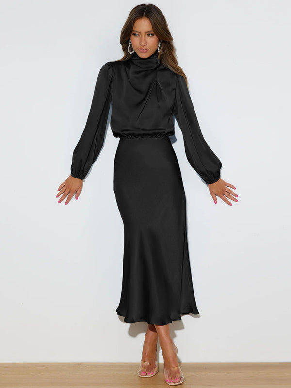 Elegant elegant women's satin long sleeve loose dress - Closther