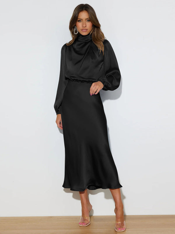 Elegant elegant women's satin long sleeve loose dress - Closther