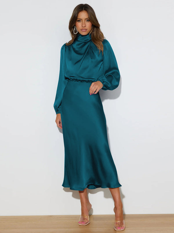 Elegant elegant women's satin long sleeve loose dress - Closther