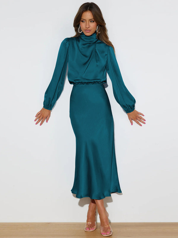 Elegant elegant women's satin long sleeve loose dress - Closther