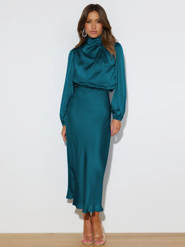 Elegant elegant women's satin long sleeve loose dress - Closther