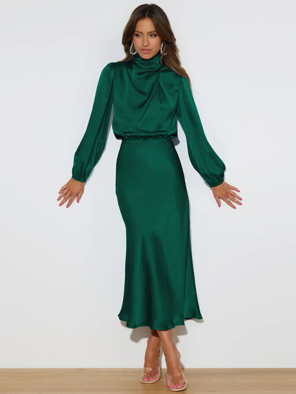 Elegant elegant women's satin long sleeve loose dress - Closther