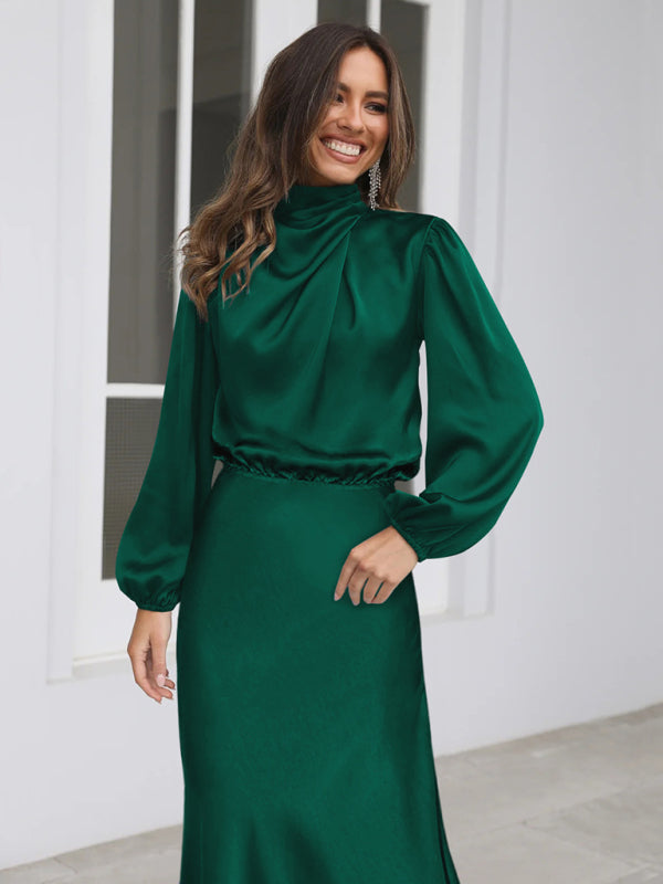 Elegant elegant women's satin long sleeve loose dress - Closther