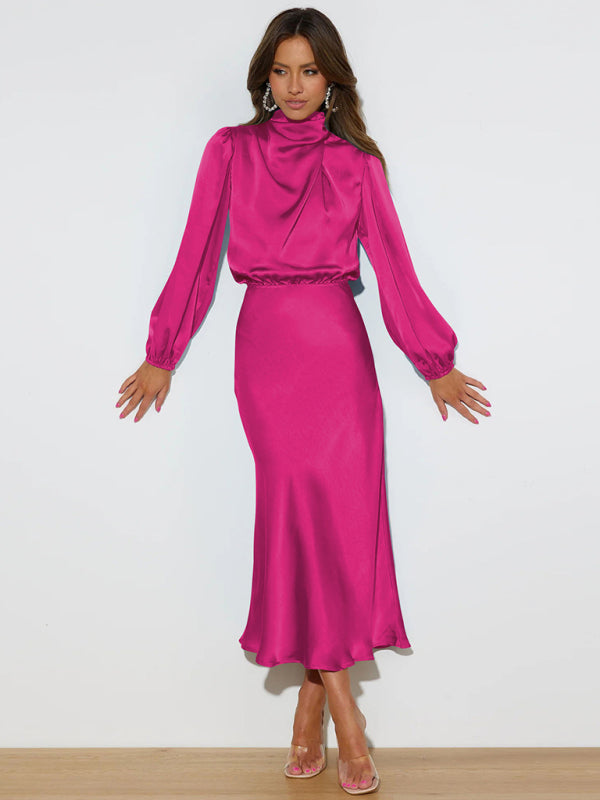 Elegant elegant women's satin long sleeve loose dress - Closther