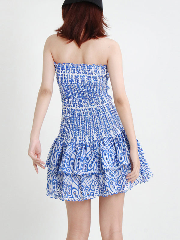 New Arrival Strapless Slim Ruffle Hem Embroidered Short Dress - Closther