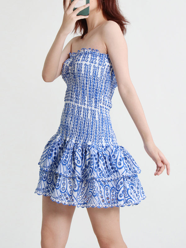 New Arrival Strapless Slim Ruffle Hem Embroidered Short Dress - Closther