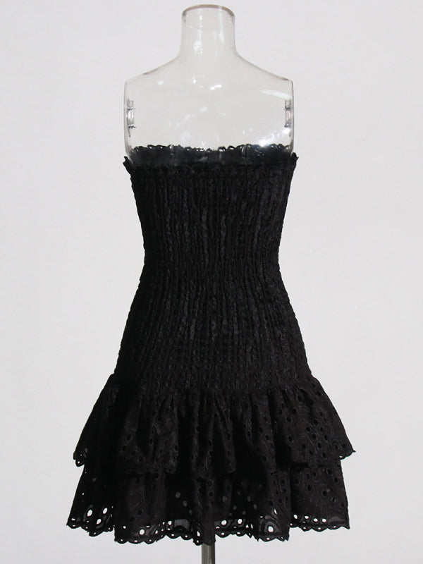 New Arrival Strapless Slim Ruffle Hem Embroidered Short Dress - Closther