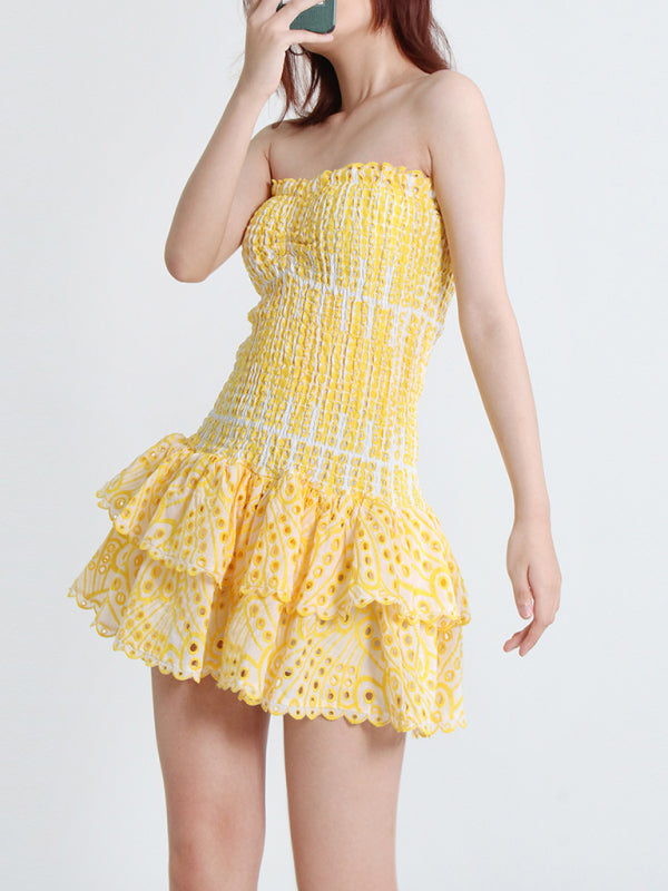 New Arrival Strapless Slim Ruffle Hem Embroidered Short Dress - Closther