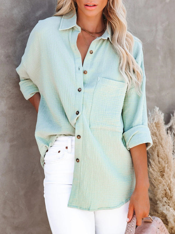 Simple long-sleeved V-neck button-down shirt for women - Closther