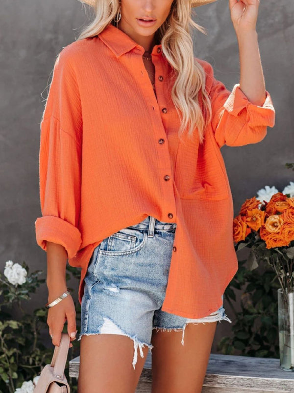 Simple long-sleeved V-neck button-down shirt for women - Closther