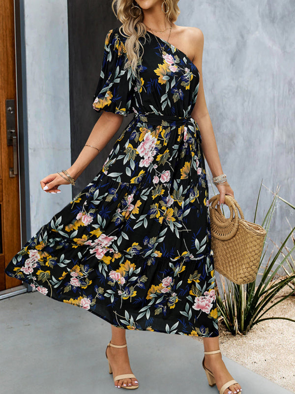 Women's printed temperament elegant one-shoulder long dress - Closther