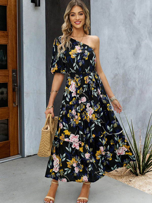 Women's printed temperament elegant one-shoulder long dress - Closther