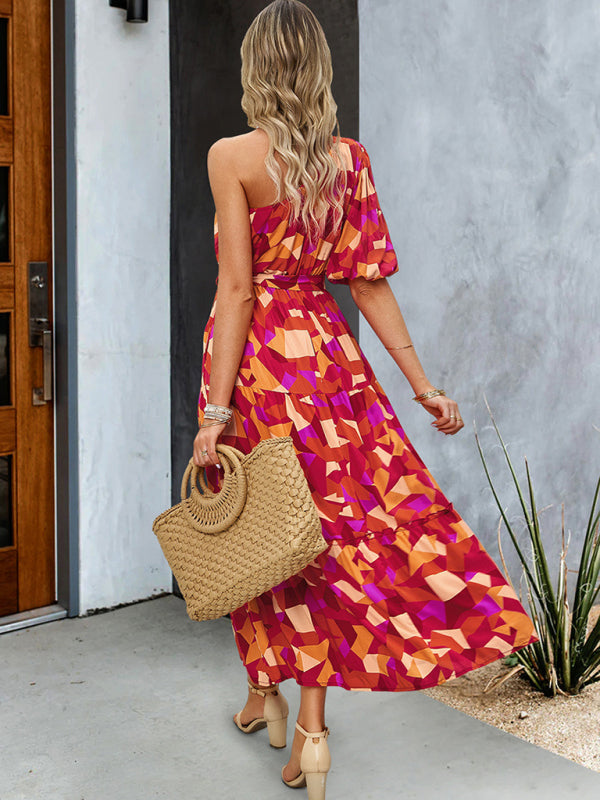 Women's printed temperament elegant one-shoulder long dress - Closther