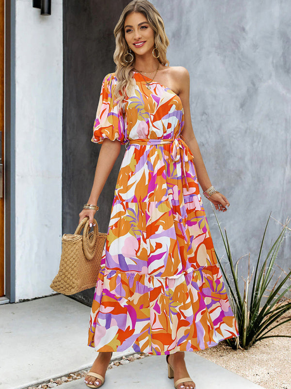 Women's printed temperament elegant one-shoulder long dress - Closther