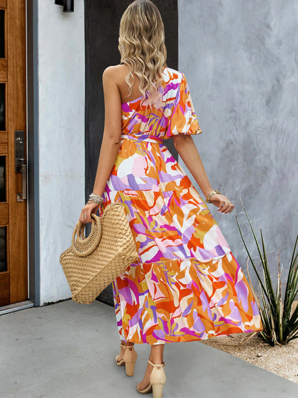 Women's printed temperament elegant one-shoulder long dress - Closther