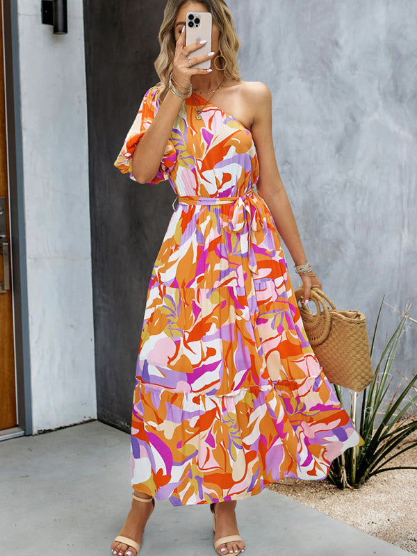 Women's printed temperament elegant one-shoulder long dress - Closther