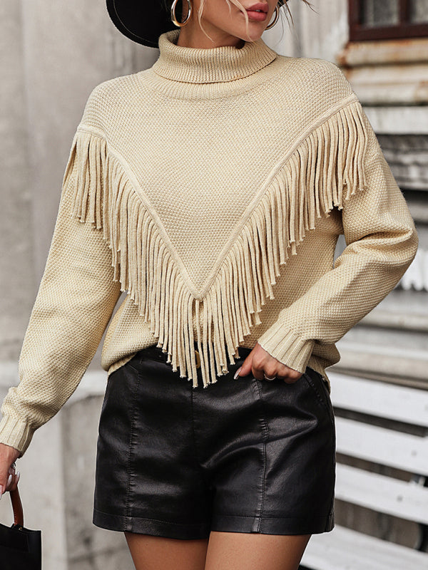 Women's Loose Fringed Sweater Knit Turtleneck Sweater - Closther