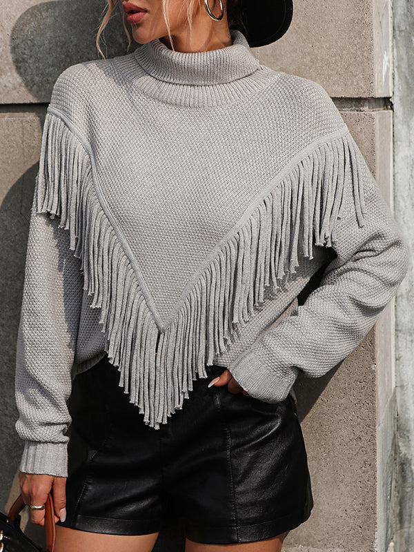 Women's Loose Fringed Sweater Knit Turtleneck Sweater - Closther