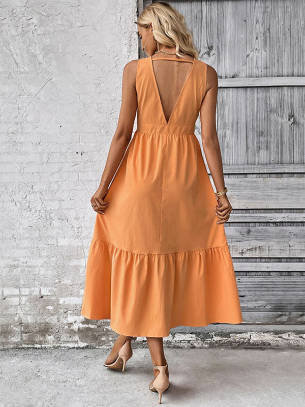 Minimalistisches, einfarbiges, ärmelloses Kleid mit Knopfleiste und V-Ausschnitt für Damen 