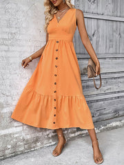 Minimalistisches, einfarbiges, ärmelloses Kleid mit Knopfleiste und V-Ausschnitt für Damen 